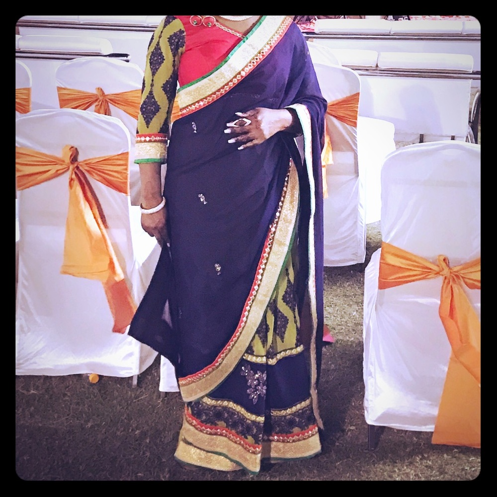 Formal Indian Saree/Sari in Blue Green Red & Gold